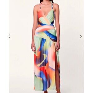 Nicholas The Label Multicolor Abstract Mesh Halter Maxi Dress Braided Straps e5